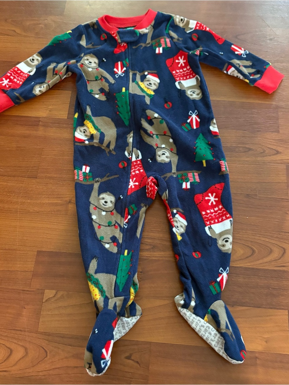 Carter's Navy Blue Holiday Sloth Footed One-Piece Pajamas with Red Trim 12 month